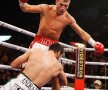 Librado Andrade se agaţă de genunchiul lui Bute înainte de a cădea la podea Foto: Agerpres