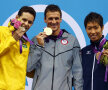 Un podium cu Lochte (aur), Pereira (argint) şi Hagino (bronz). Phelps aşteaptă o altă cursă pentru a lua medalie