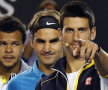 Aşezaţi în ordine, ca în clasamentul ATP, Djokovici, Federer şi Tsonga intră pe teren // Foto: Reuters