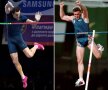 Renaud Lavillenie nu a atins deloc ştacheta cînd a doborît recordul mondial din prima încercare la 6,16 metri. În dreapta, Serghei Bubka în săritura de record mondial în sală