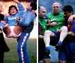 Fotografii în oglindă: Diego Maradona suferind în 1987, cînd Napoli a cîștigat primul titlu, și Ovidiu Ioanițoaia pe Camp Nou în 2008, resimțindu-se după un duel tare la minge într-un meci de gală jucat de jurnaliștii Gazetei la Barcelona