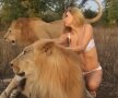 VIDEO&FOTO Curaj extrem! Un fotomodel s-a pozat semi-nud alături de doi lei