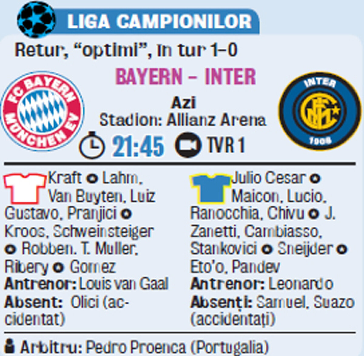 Chivu ar putea juca în centrul defensivei în meciul cu Bayern » Scapă de Robben?