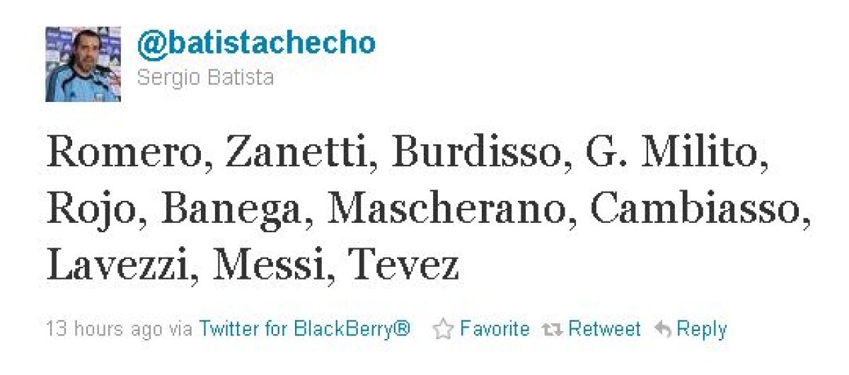 Sergio Batista a anunţat pe Twitter "11"-le de start pentru meciul cu Bolivia :)
