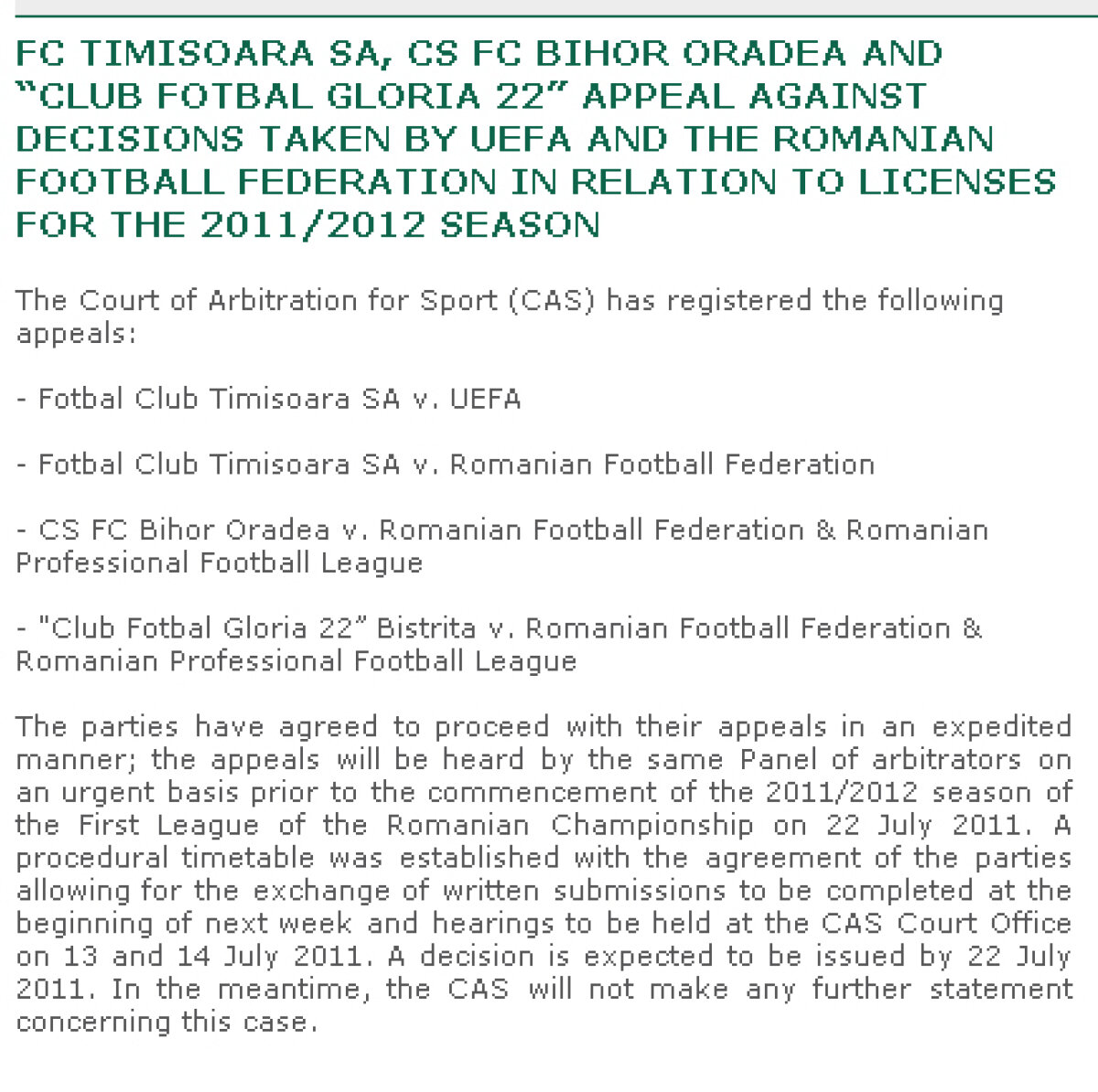 Speranţe pentru timişoreni »  TAS-ul promite să judece cazul Timişoarei înainte de startul sezonului