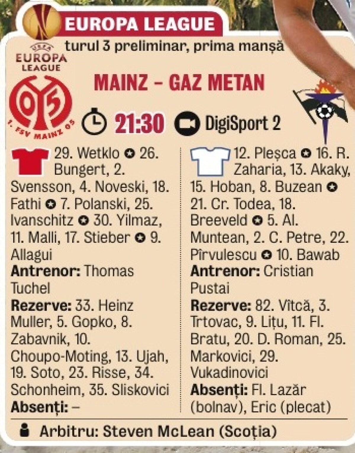 Gaz Metan înfruntă pe Mainz, de la 21:30, pe Digi Sport 2 şi liveTEXT GSP.RO fără Eric, plecat în Brazilia