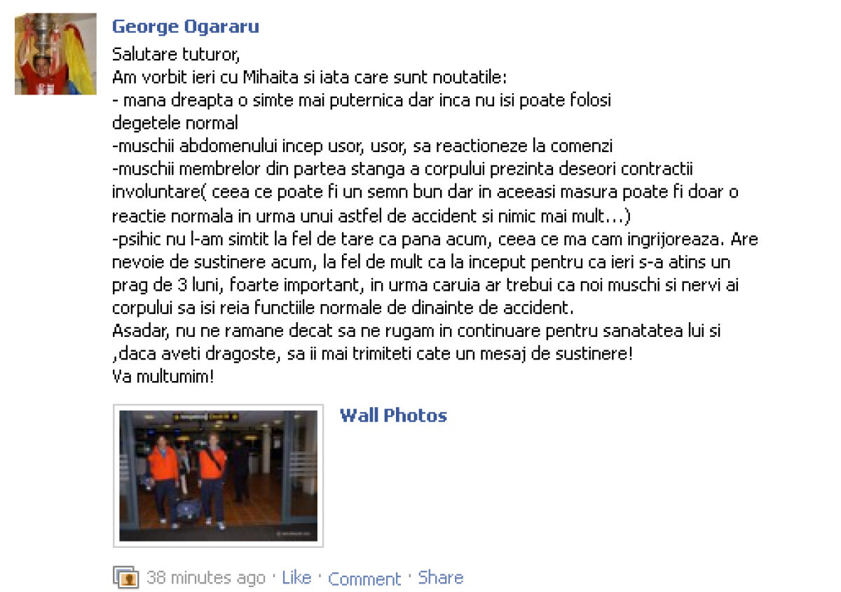 Mihăiţă Neşu e din ce în ce mai bine: "Mîna dreaptă o simte mai puternică, muşchii abdomenului reacţionează"