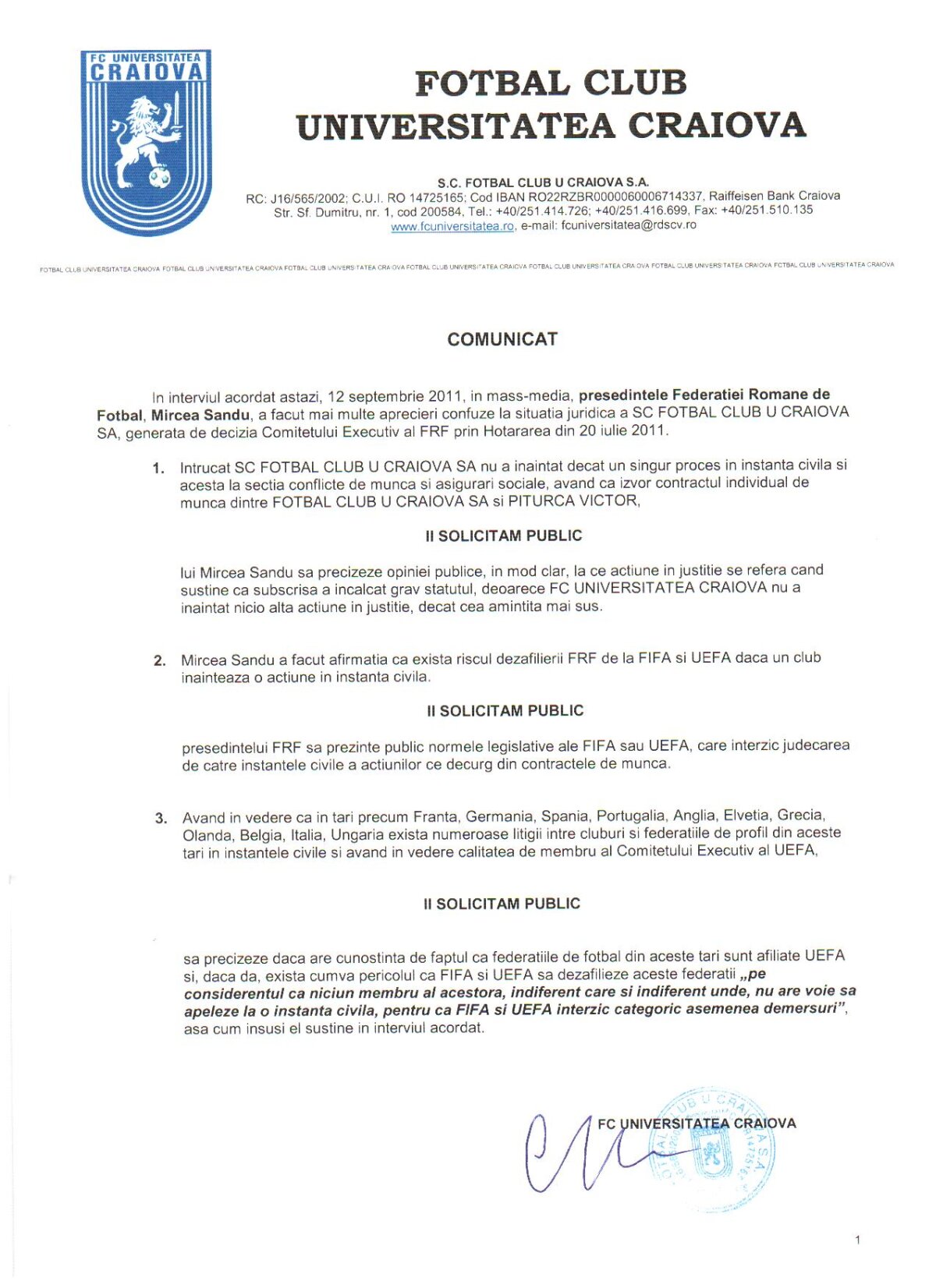 Oficialii Craiovei îl contrazic pe Mircea Sandu. Vezi ce scrie în comunicatul dat de clubul din Bănie!
