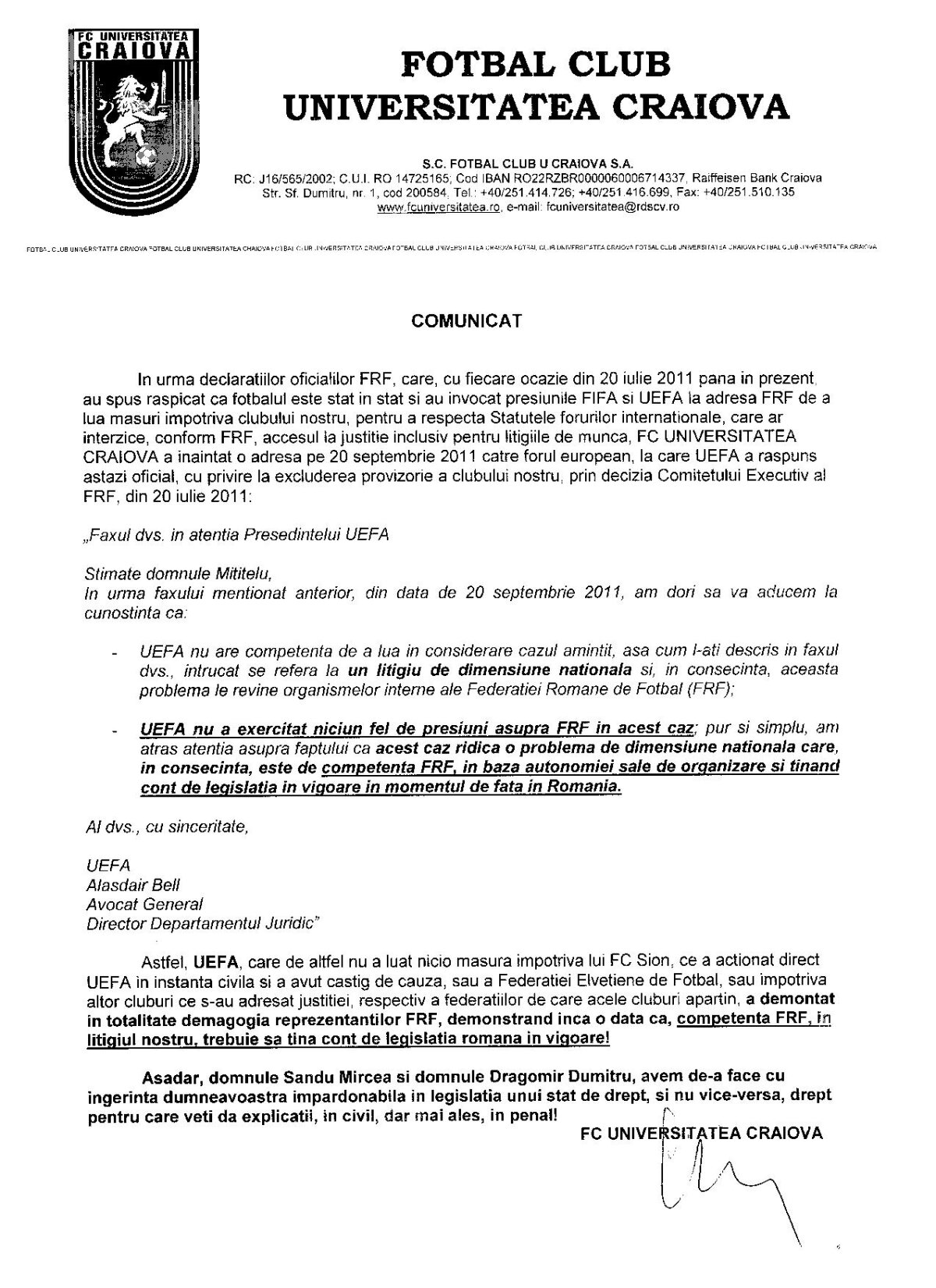 FOTO Mititelu acuză FRF de MINCIUNĂ! Craiova trebuie judecată după legistaţia din România