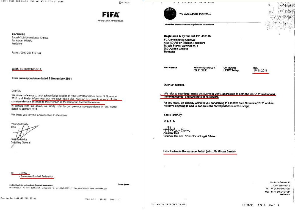 FIFA şi UEFA s-au sesizat în urma declaraţiilor lui Mircea Sandu » Vezi adresa trimisă de Craiova şi răspunsul UEFA