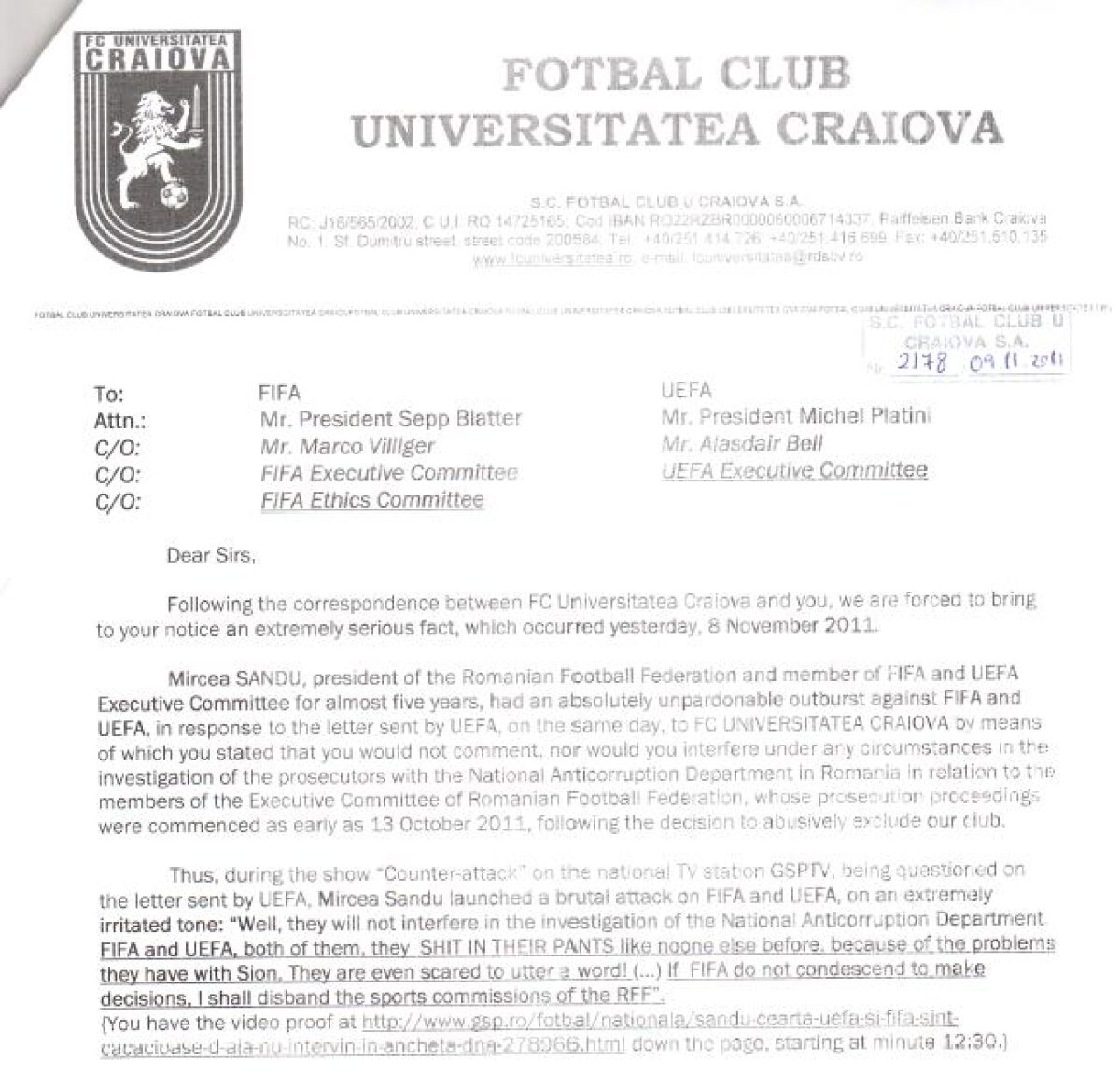 FIFA şi UEFA s-au sesizat în urma declaraţiilor lui Mircea Sandu » Vezi adresa trimisă de Craiova şi răspunsul UEFA