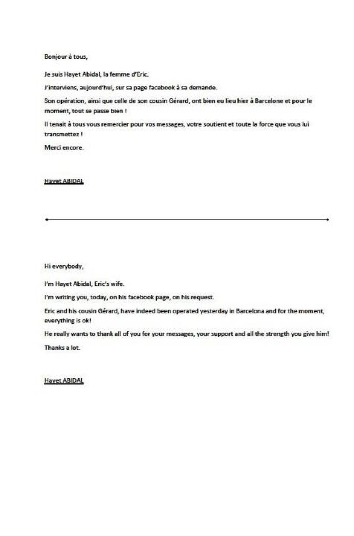 Soţia lui Eric Abidal, "delegată" de fotbalist să le mulţumească fanilor, după operaţie: "Pentru moment, totul e bine"