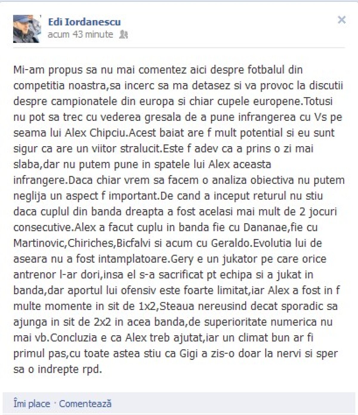 Edi Iordănescu îl contrează pe Gigi: "Nu poţi să-l scoţi pe Chipciu vinovat de înfrîngerea cu Vaslui"