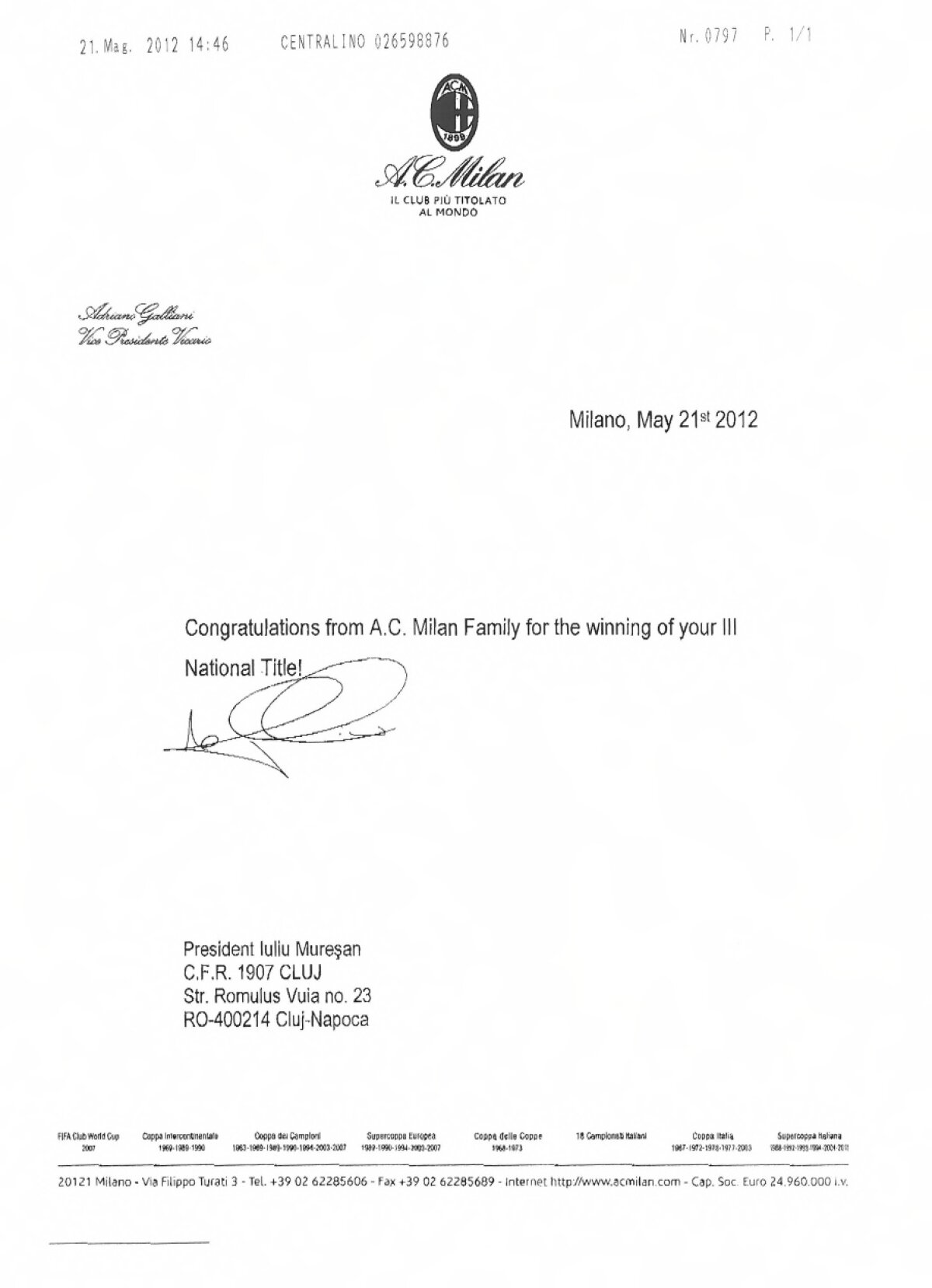 Real Madrid şi AC Milan au felicitat CFR-ul pentru cîştigarea campionatului