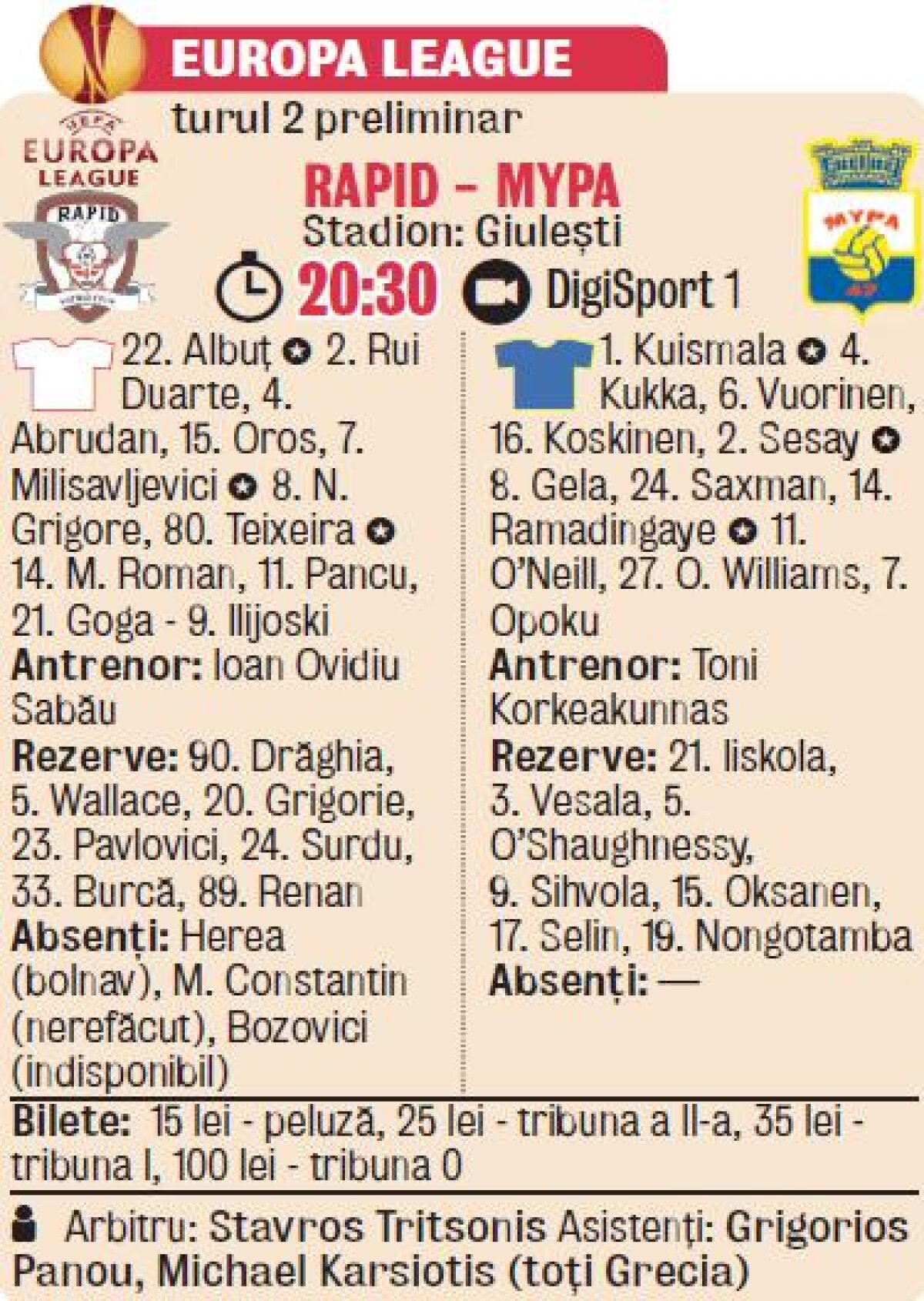 Rapid deschide astăzi sezonul european pentru echipele româneşti » Duel cu MYPA, scandinavii din Kosovo şi Congo