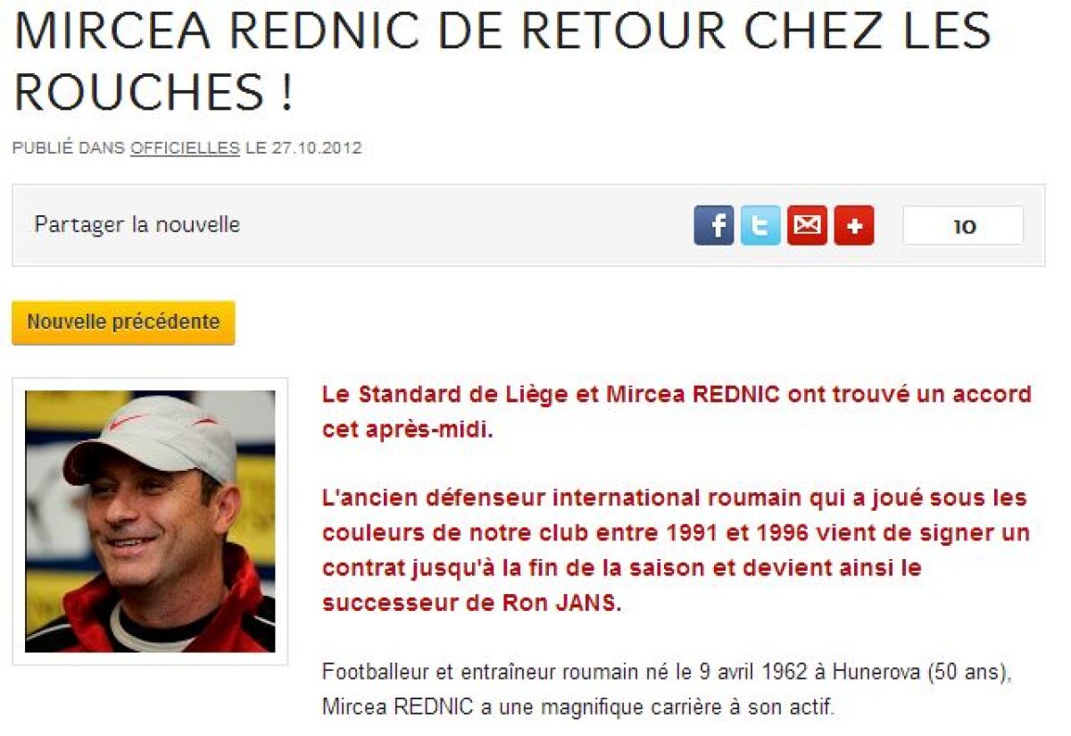 Oficial » Mircea Rednic este noul antrenor al lui Standard Liege! "E un vis devenit realitate"