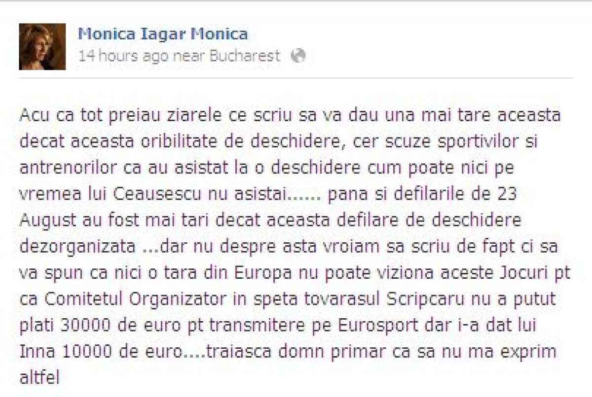 Iagăr atacă FOTE: "Dezorganizare completă la festivitatea de deschidere! Mai rău ca pe vremea lui Ceauşescu!"