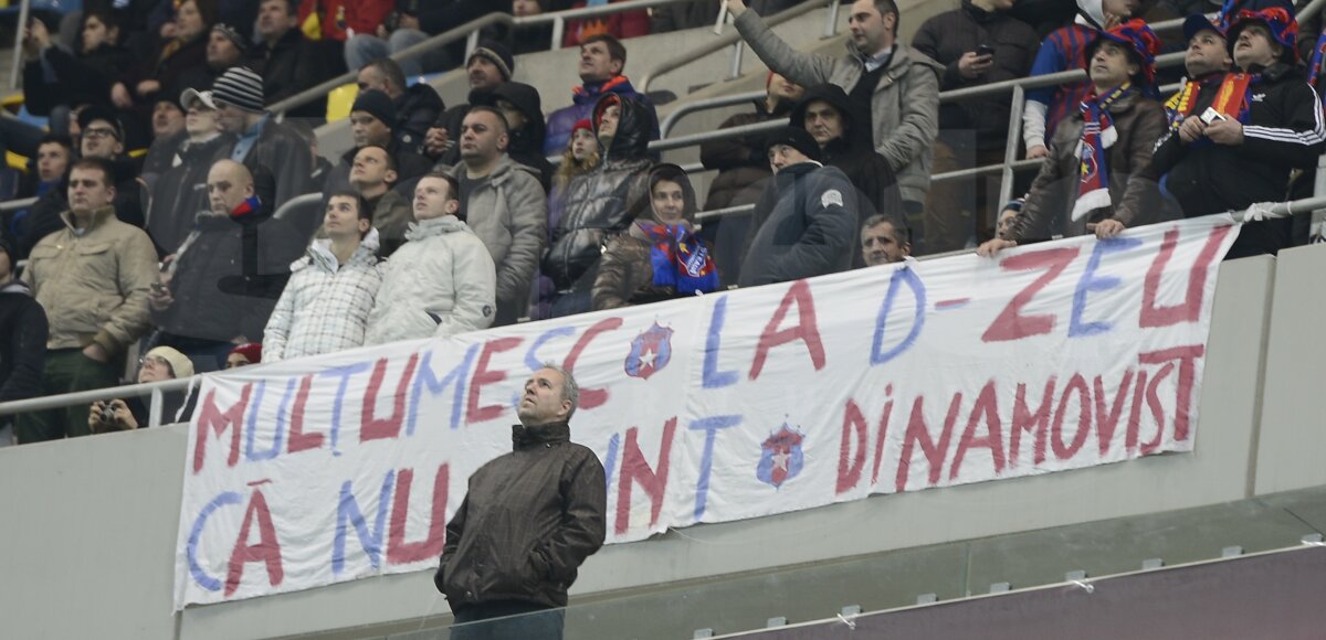 FOTO Fanii Stelei au făcut spectacol în tribune! Bannere cu mesaje anti-Dinamo şi de încurajare pentru Neşu