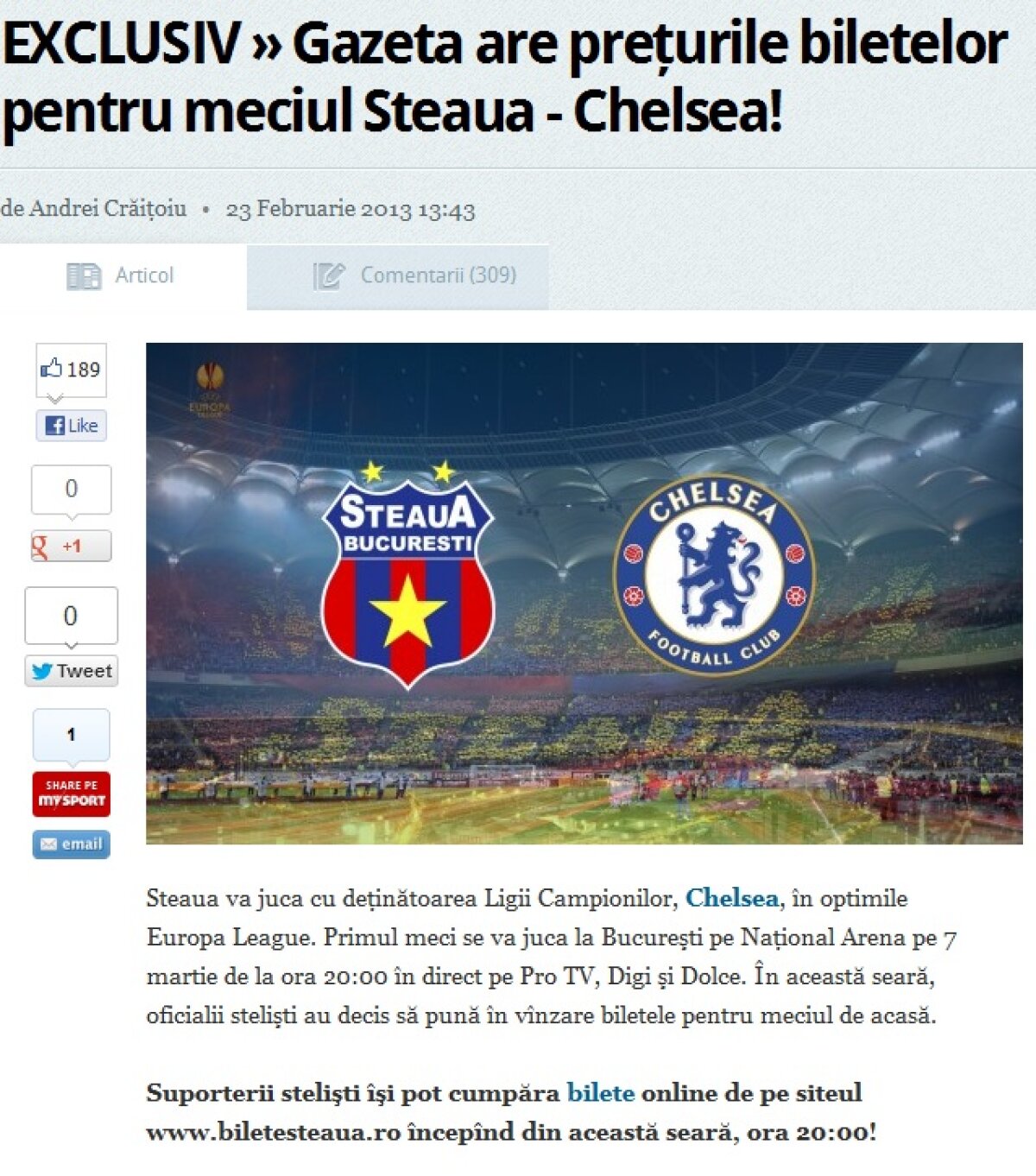 UPDATE Se doboară recordul! Steaua a vîndut toate biletele puse pînă acum în vînzare pentru turul cu Chelsea