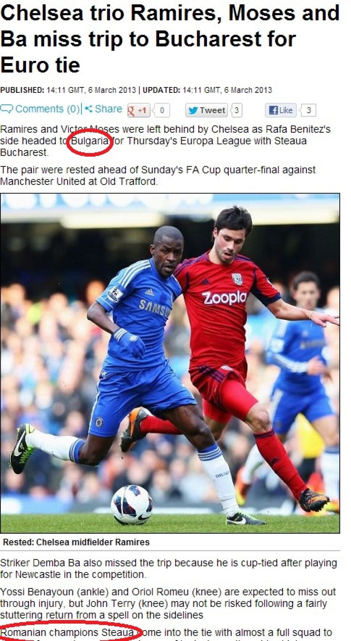 FOTO Englezii se fac de rîs! » "Ramires şi Moses nu au făcut deplasarea în Bulgaria"