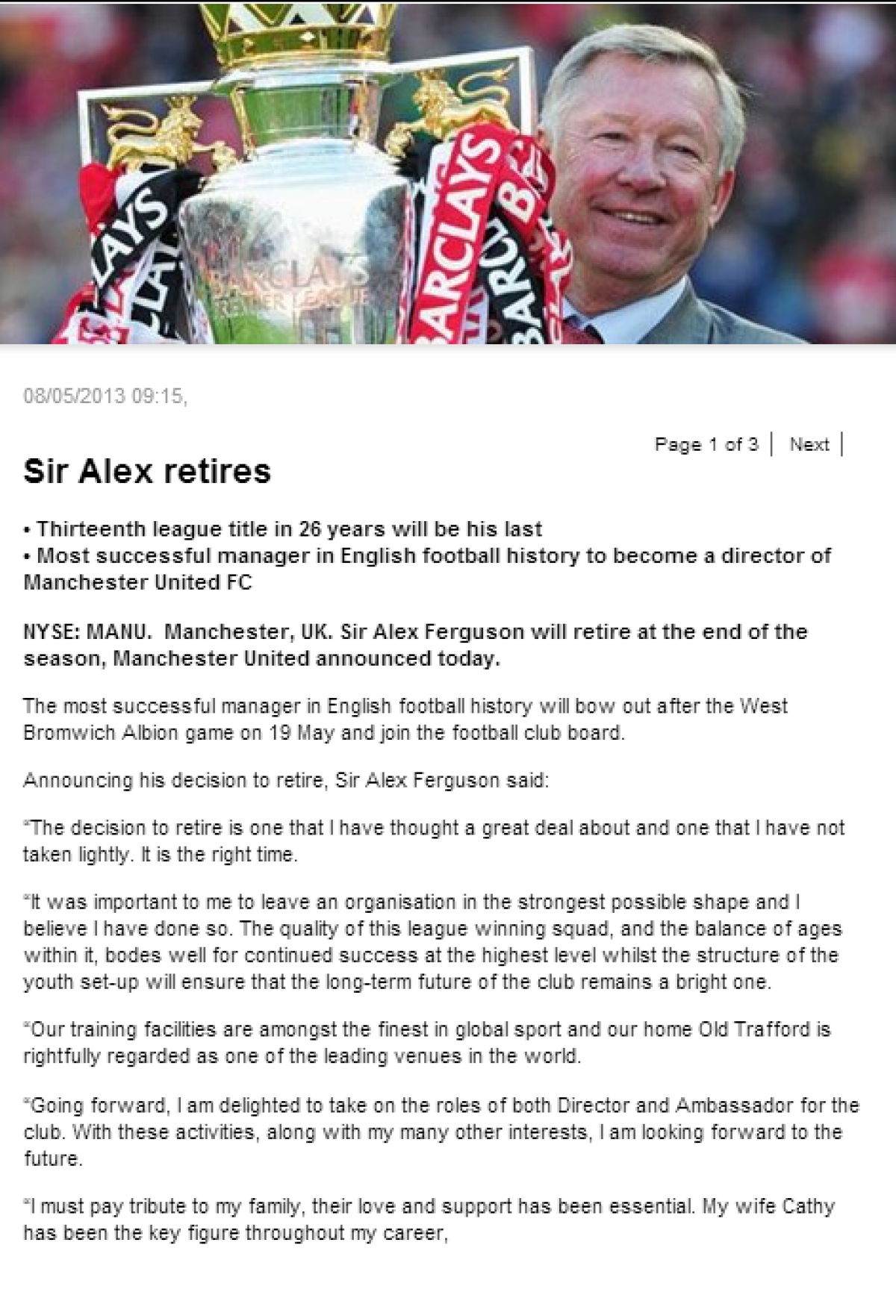 Este oficial! Sir Alex Ferguson s-a retras de la Manchester United: "Nu a fost uşor, dar ăsta e momentul potrivit"