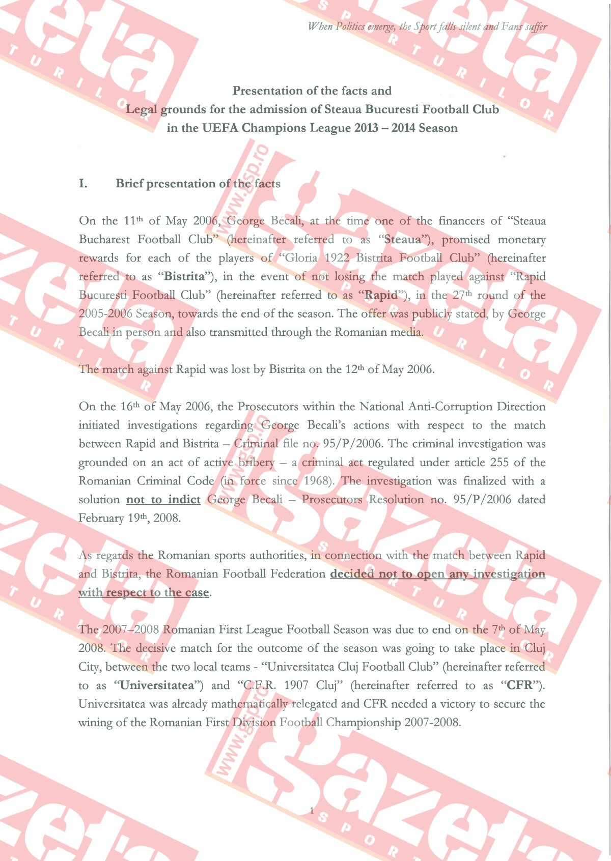 EXCLUSIV » Gazeta vă dezvăluie documentele cu care s-a apărat Steaua la UEFA: "Becali a fost condamnat după un Cod Penal comunist, care va fi înlocuit în 2014!"
