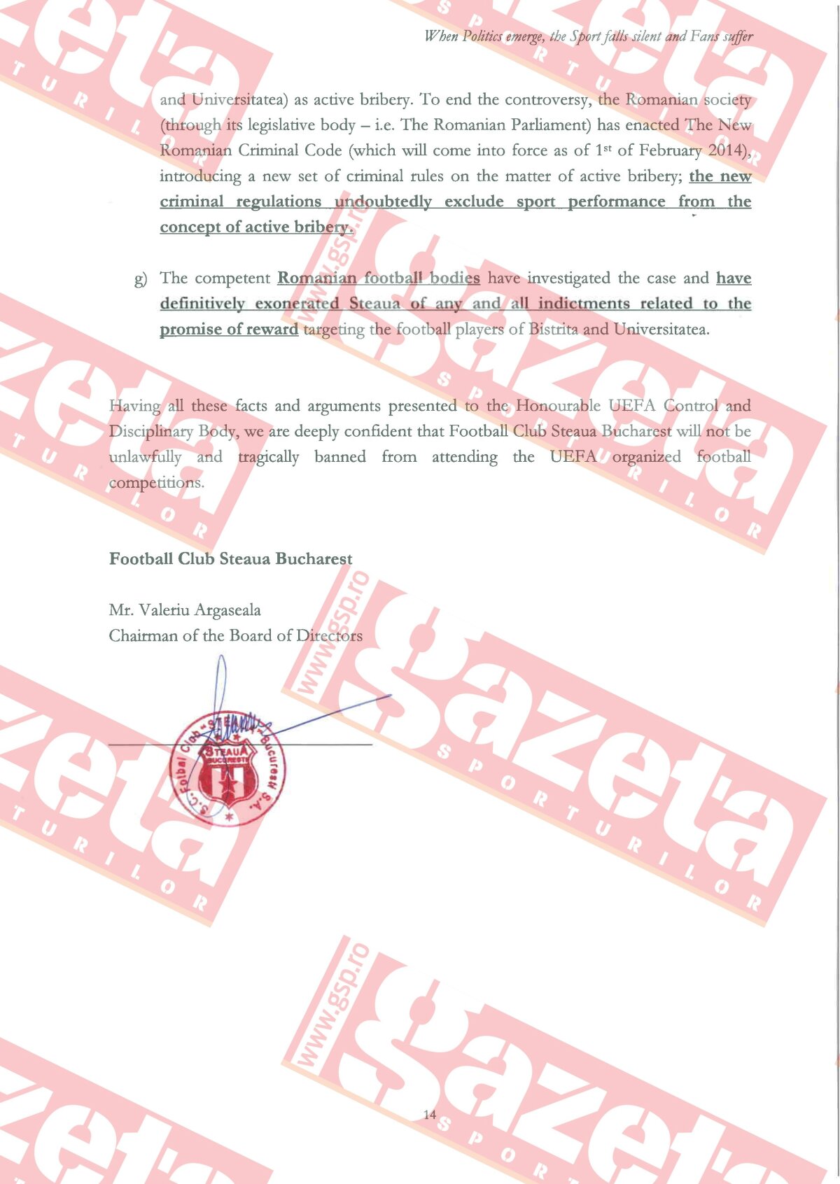 EXCLUSIV » Gazeta vă dezvăluie documentele cu care s-a apărat Steaua la UEFA: "Becali a fost condamnat după un Cod Penal comunist, care va fi înlocuit în 2014!"