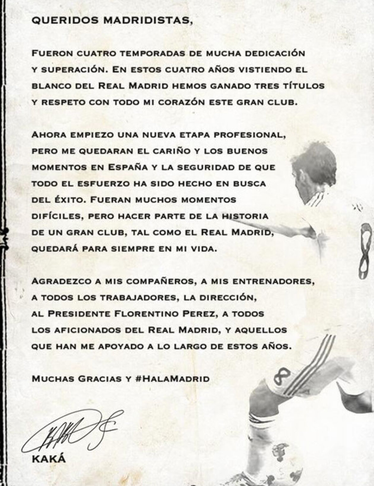 FOTO Scrisoare emoţionantă trimisă de Kaka pentru cei de la Real Madrid, după plecarea la Milan