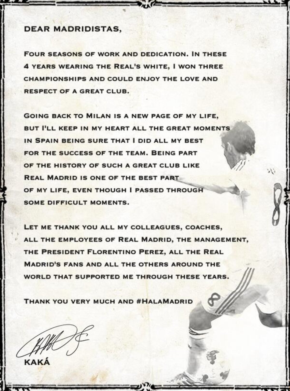 FOTO Scrisoare emoţionantă trimisă de Kaka pentru cei de la Real Madrid, după plecarea la Milan