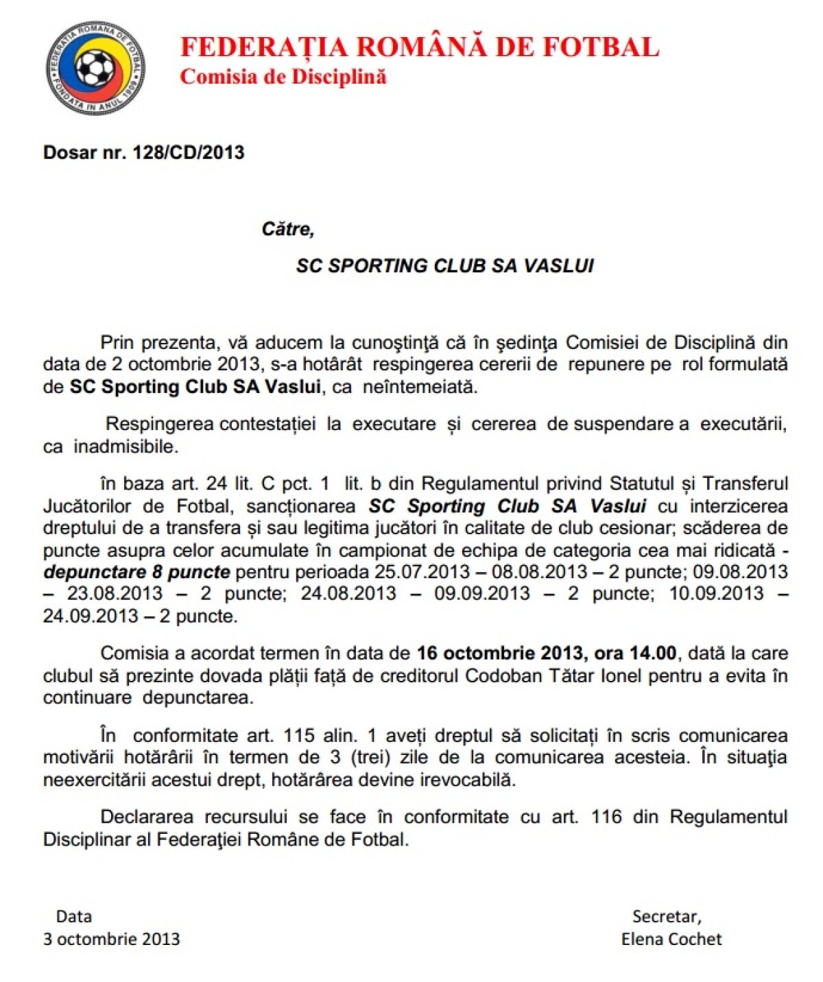 FOTO Decizie incredibilă împotriva Vasluiului » Moldovenii au fost depunctaţi cu 8 puncte de Comisii: "Sîntem fraierii de serviciu!"