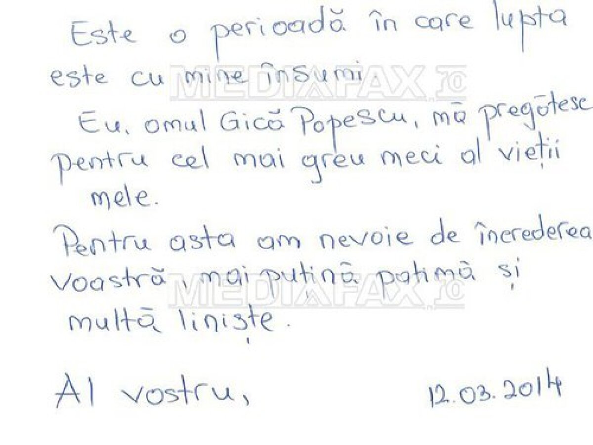 Scrisoare emoţionantă a lui Gică Popescu, din închisoare: "Urmează cel mai greu meci al vieţii mele!" » Ce decizie a luat