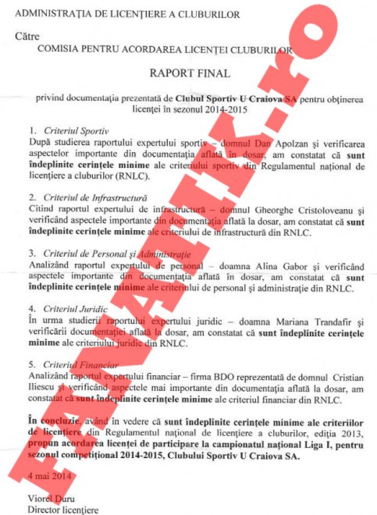 CS U Craiova a primit aviz favorabil din partea lui Viorel Duru » Primesc oltenii licenţa pentru Liga 1?