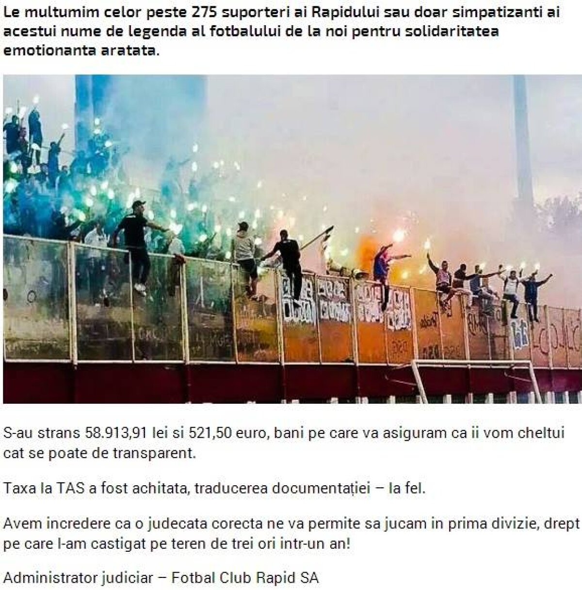 Fanii Rapidului nu renunţă » Au strîns banii necesari pentru apelul de la TAS! Cît au donat pînă acum