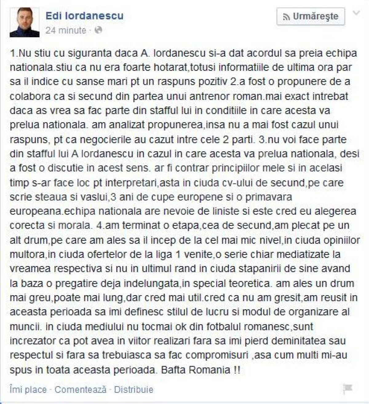N-a vrut să fie secundul naţionalei: "E contrar principiilor mele"