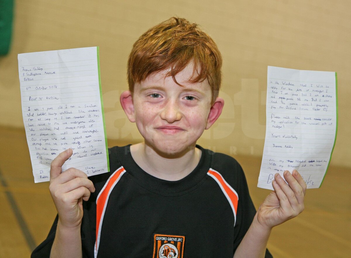 Un puşti de 9 ani a aplicat pentru postul de manager la Bolton Wanderers: ”Sînt mic, dar ieftin!”