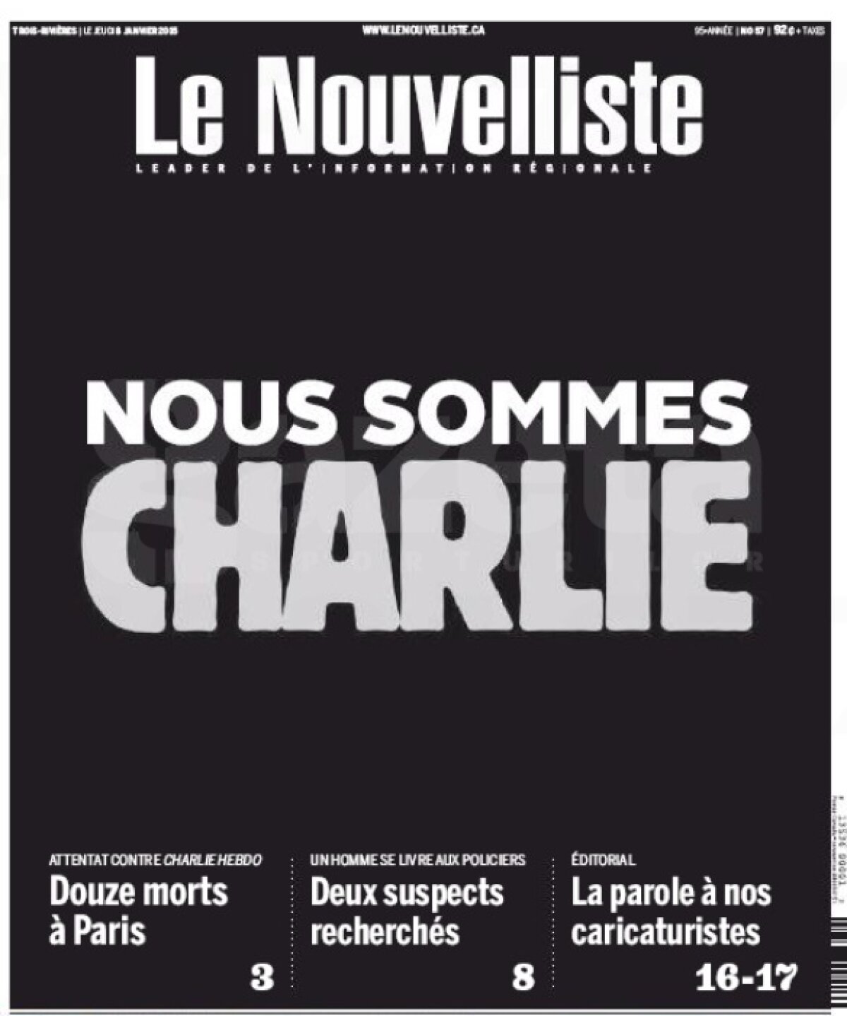 GALERIE FOTO Coperţi speciale » Peste 80 de ziare din întreaga lume au ieşit pe pagina întîi cu atacul terorist de la Paris