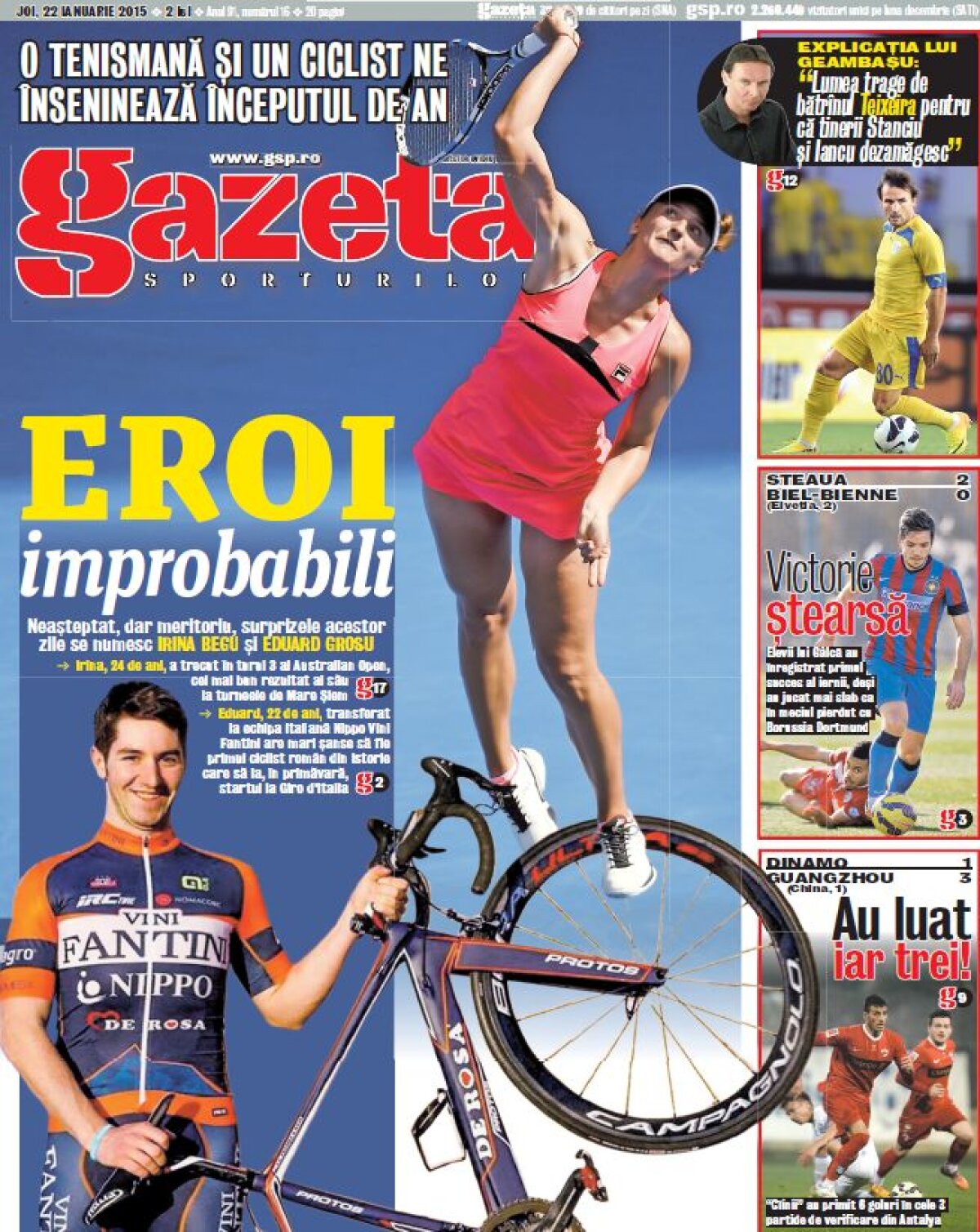 Primă pagină specială a Gazetei de azi » Eroi improbabili: o tenismană şi un ciclist ne înseninează începutul de an
