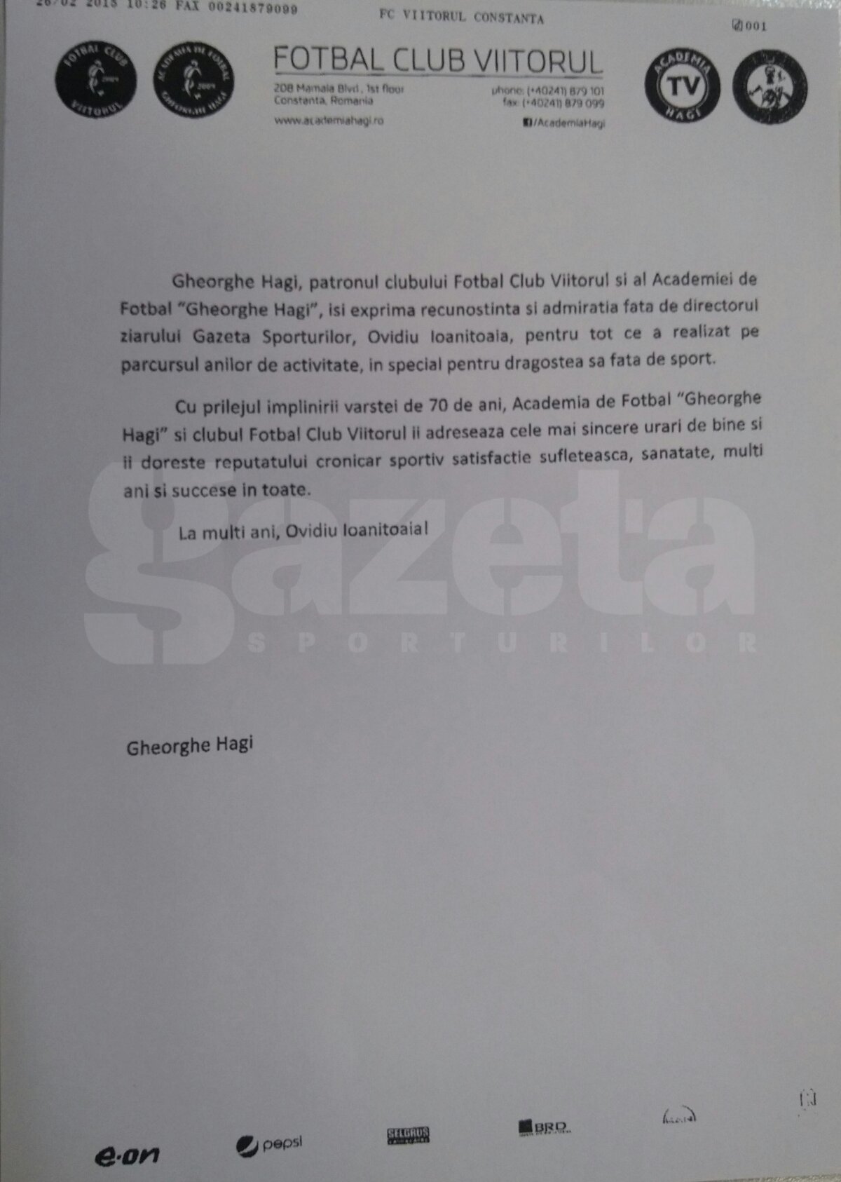 Mesaj superb al lui Gică Hagi pentru Ovidiu Ioaniţoaia