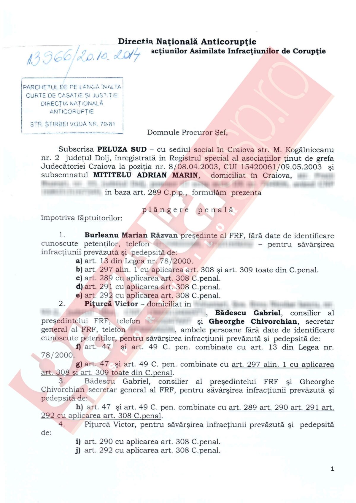 UPDATE Precizări DNA în dosarul clauzei lui Piţurcă: "A fost începută urmărirea penală «in rem»" » EXCLUSIV FOTO Cum arată plîngerea lui Mititelu