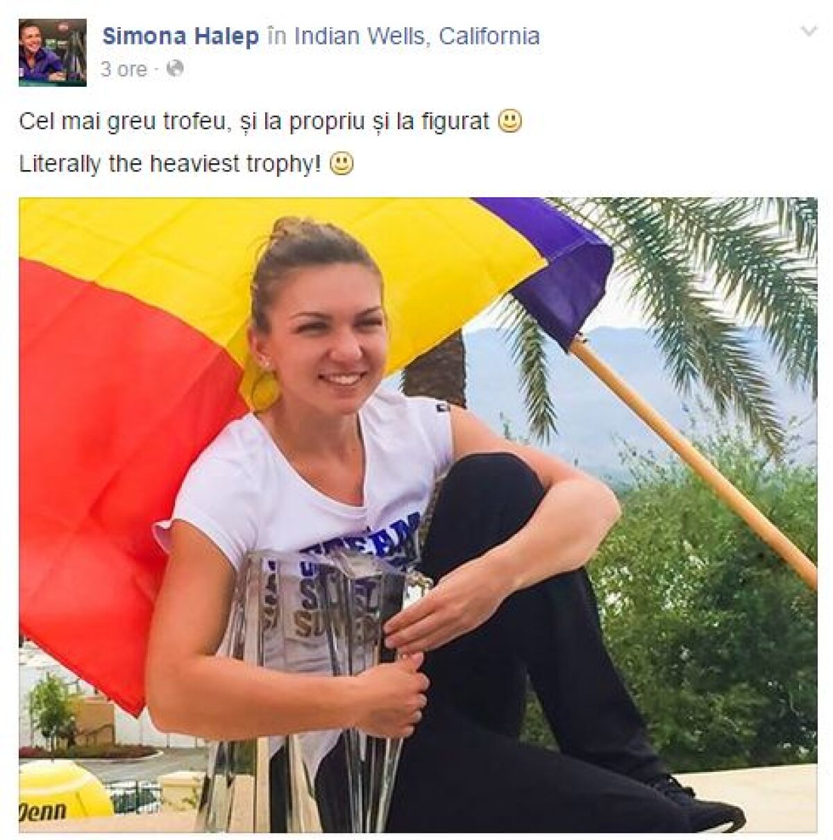 FOTO Simona Halep, dovadă de patriotism după titlul cîştigat la Indian Wells: "Cel mai greu trofeu!"