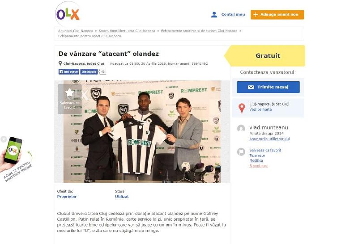 FOTO Fotbalist din Liga 1 scos la vînzare pe un site de anunțuri :D 