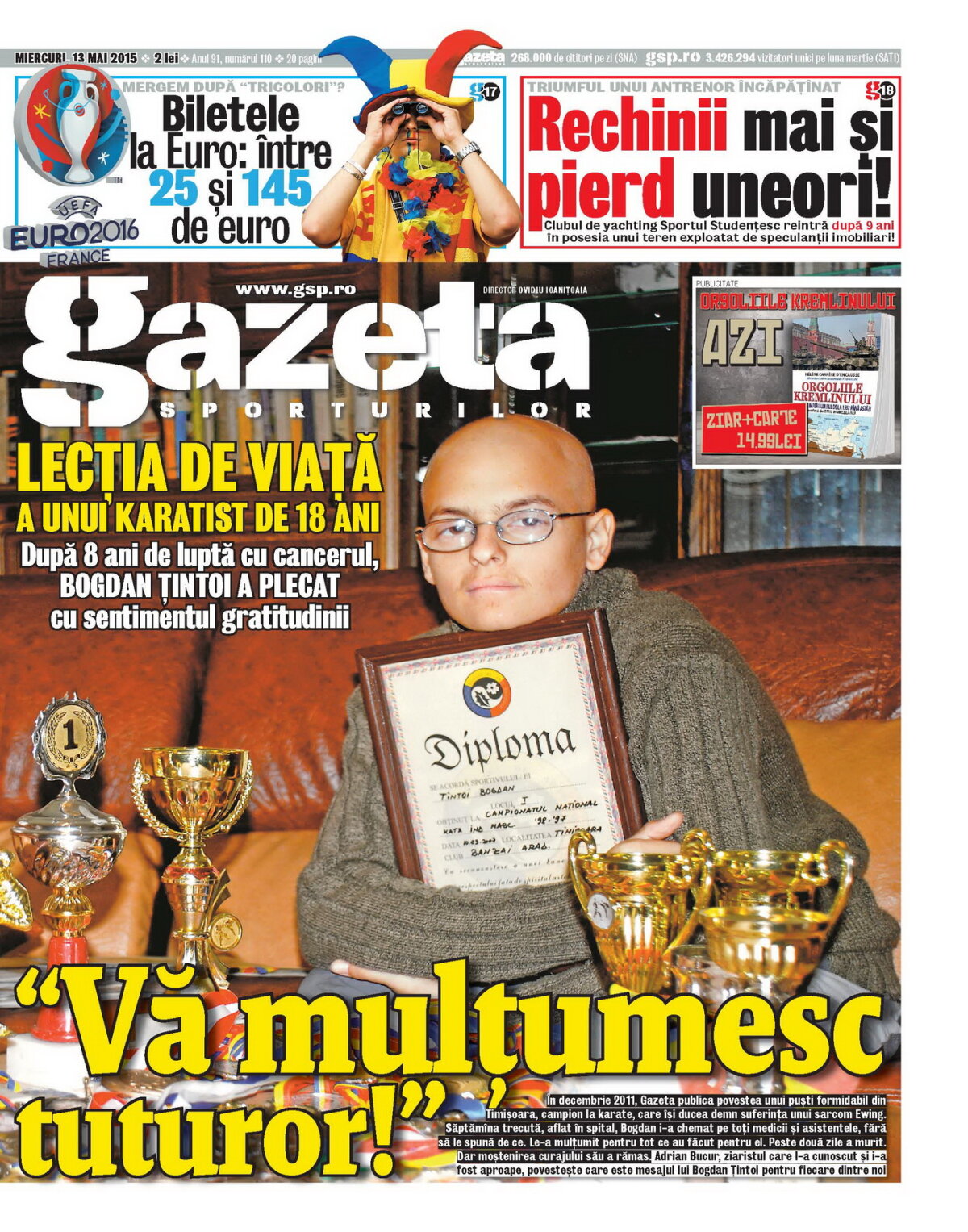 Lecția de viață a unui karatist de 18 ani » După opt ani de luptă cu cancerul, Bogdan Țintoi a plecat cu sentimentul gratitudinii: ”Vă mulțumesc tuturor!”