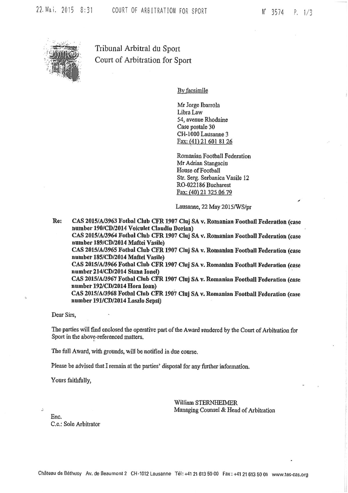 CFR Cluj și-a recuperat punctele la TAS! Prima reacție + Cum stă situația ACUM la retrogradare. FRF anunță că ar putea face recurs
