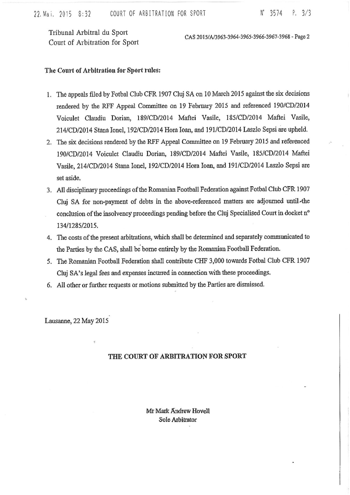 CFR Cluj și-a recuperat punctele la TAS! Prima reacție + Cum stă situația ACUM la retrogradare. FRF anunță că ar putea face recurs