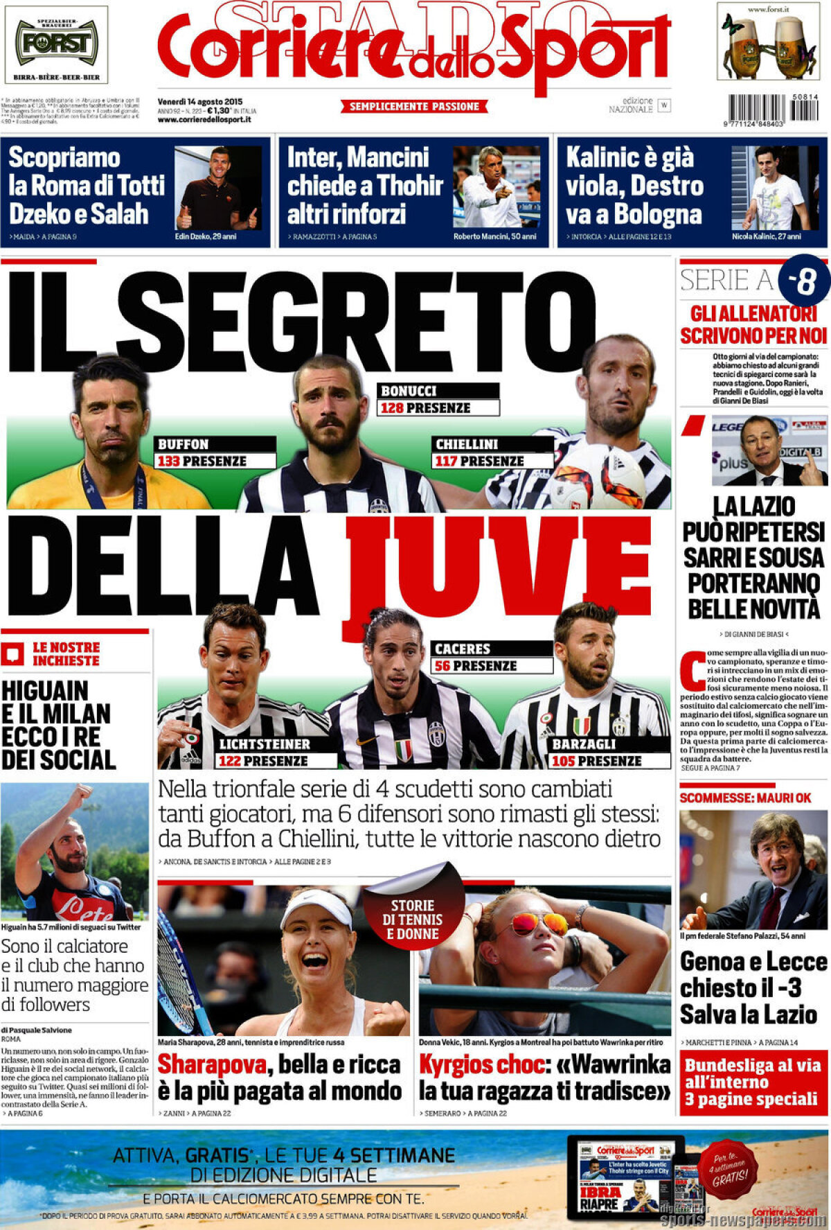 Ce scriu azi ziarele de sport din lume (14 august 2015)