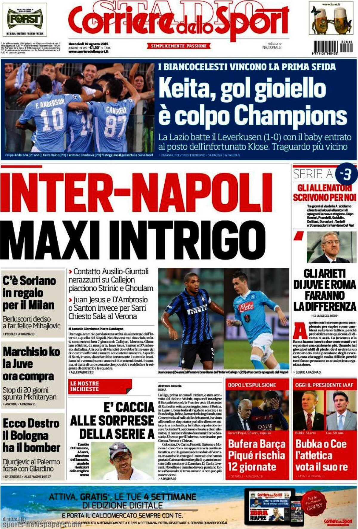 Ce scriu azi ziarele de sport din lume (19 august 2015)