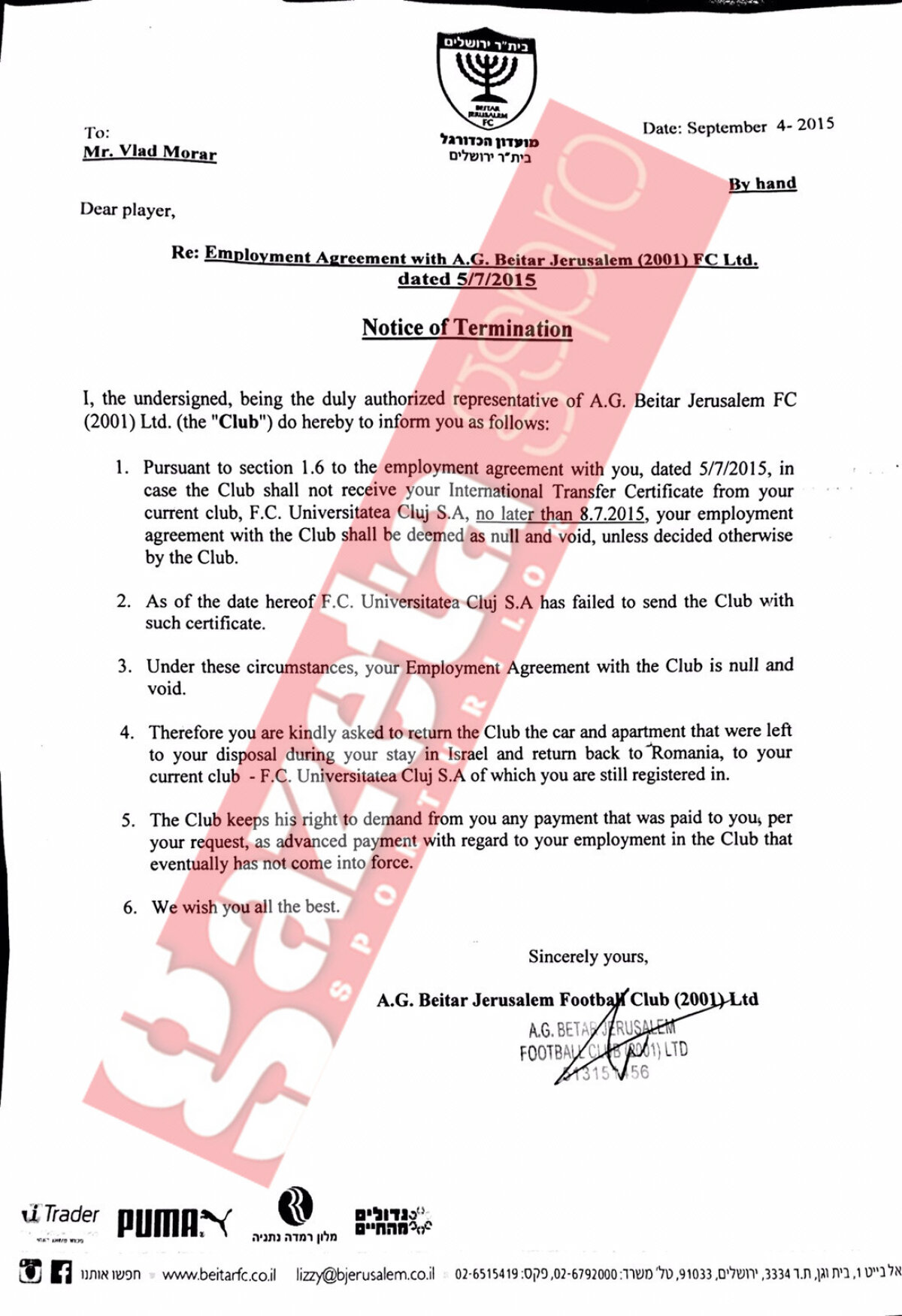 EXCLUSIV Documente în premieră » Cum este umilit Vlad Morar de către cei de la Beitar Ierusalim şi care e condiția ca acesta să continue în Israel!