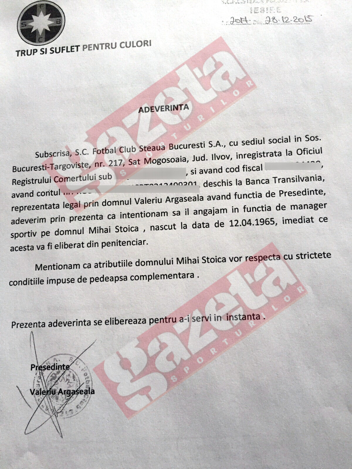 EXCLUSIV Document în premieră » Steaua solicită oficial angajarea lui Mihai Stoica, după ce acesta va fi eliberat din penitenciar!