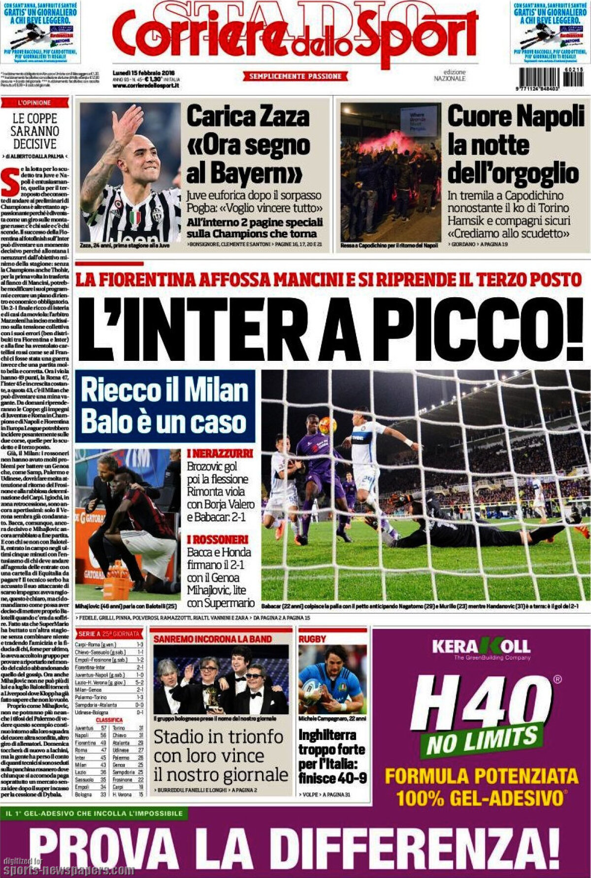 Ce scriu azi ziarele de sport din lume (15 februarie 2016)