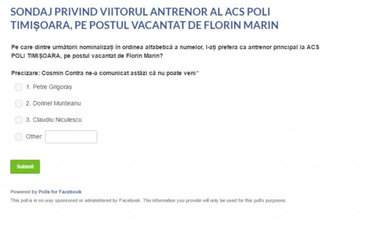 FOTO INCREDIBIL! O echipă din Liga 1 își alege antrenorul printr-un sondaj pe Facebook